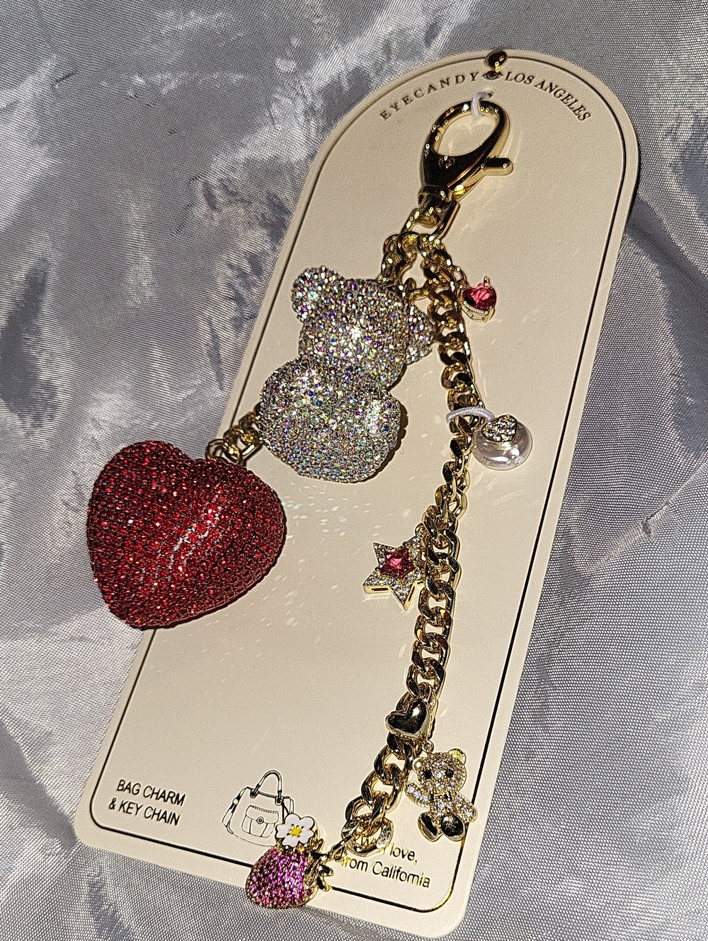 Eye Candy Gold Tone Red Heart & Glitter Bear Bag Charm Keychain